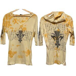 Y2K Sledge USA Yellow Tie Dye Fleur de Lis Ribbed Hooded Top Shirt Womens Large